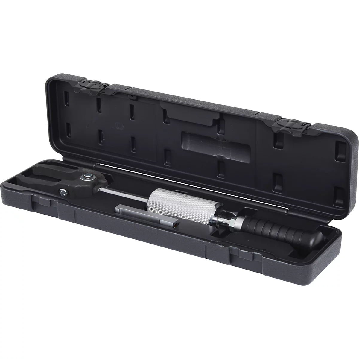 Werkzeug-Set in schwarzem Koffer, bestehend aus verschiedenen Metall- und Kunststoffteilen.